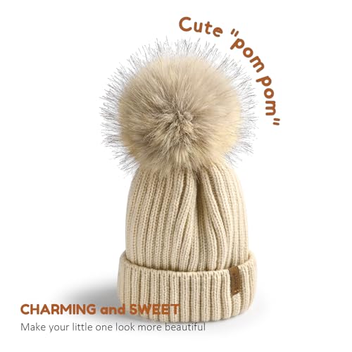 Kids Winter Hat Toddler Stretchy Knitted Beanie with Faux Fur Pom Poms Beanie for Baby Girls Boys4