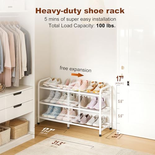 Image of KANAV 3-Tier Expandable Shoe Rack, Heavy Duty Adjustable Metal Shoe Organizer for Closet & Entryway, Freestanding, Tool-Free Assembly, White