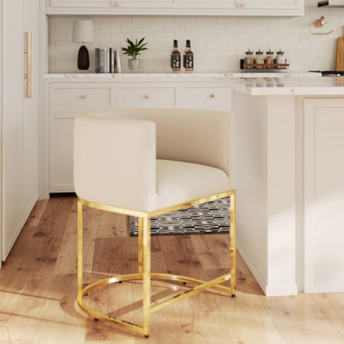 HNY Modern Barrel Counter Height Bar Stool, 24 Inch Velvet Kitchen Barstool with Back for Island, with Gold Metal Tubular Frame,Ivory