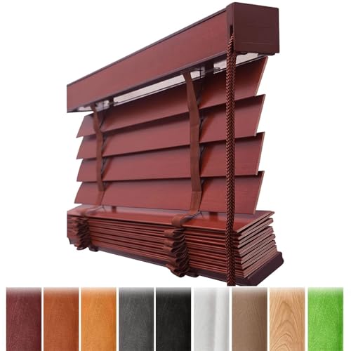 Persianas Venecianas de Madera Maciza Horizontales para Interior Exterior Ventana Anchas, Cortinas Veneciana de Privacidad 5cm Lamas, Estores Oscurecedoras(Red)