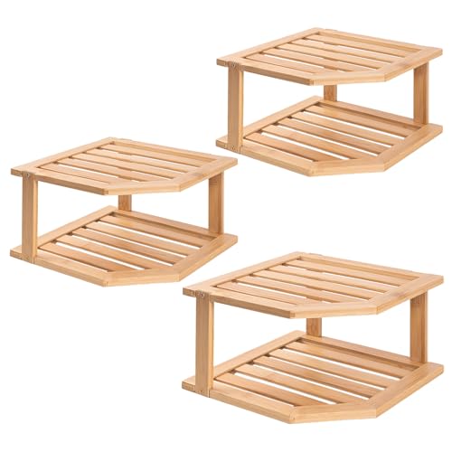 VERTORGAN Bamboo Corner Shelf(3 Pack),2 Tier Plate Organizer for Cabinet and Countertop,Pantry Dish and Spice Rack for Kitchen