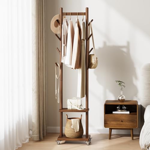 Yoobure Solid Wood Coat Rack Freestanding - Rolling Clothes Rack with 8 Hooks & Shelves Small Clothing Rack with Wheels Heavy Duty Clothing Racks for Hanging Clothes Portable Hall Tree for Entryway