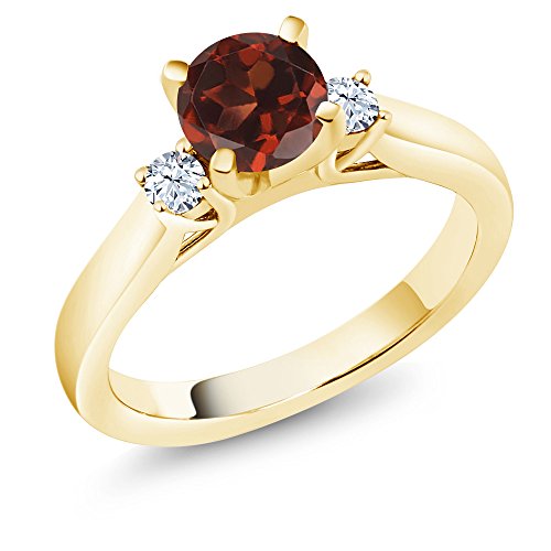 Gem Stone King 18K Yellow Gold Plated Silver Red Garnet 3-Stone Engagement Ring For Women (1.22 Cttw, Round 6MM, Gemstone January Birthstone, Available in Size 5,6,7,8,9)