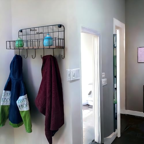 Image of Wood Karigari Floating Wall Shelf for Bedroom, Living Room, Bathroom, Kitchen, Office Storage Wall Mount Shelf with 6 Hooks (MDF Metal Black Powder Coated