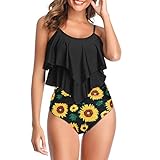 Century Star Tankini Damen Bauchweg Badeanzug Damen Bademode Set Damen Sommer Elegant Badeanzüge für Damen Tankini Oberteil mit Badeshorts Schwarze Sonnenblume 36-38