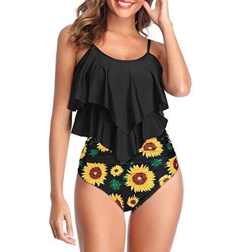 Century Star Tankini Damen Bauchweg Badeanzug Damen Bademode Set Damen Sommer Elegant Badeanzüge für Damen Tankini Oberteil mit Badeshorts Schwarze Sonnenblume 36-38