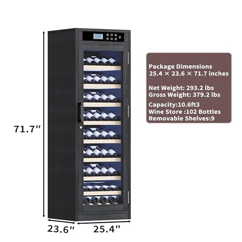 Image of KEIKI Freestanding Wine Refrigerator with Wood Cabinet, 102 Bottle Single Zone Wine Cooler, Humidity Control Tempered Glass Door, LED Light Lockable Pull-Out Shelves, for Home Bar Kitchen, Black
