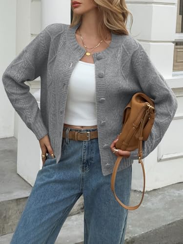 Saodimallsu Womens Cable Knit Cardigan Button Down Crew Neck Long Sleeve Loose Fall Trendy Sweater Coats