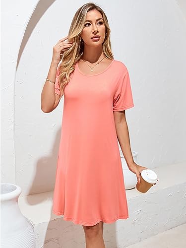 Image of Women's Summer Dresses 2026 Casual T Shirt Dress Short Sleeve Loose Flowy Sundress Swing Tunic Dress with Pockets Melon Red