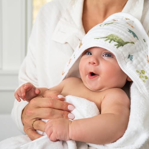 Image of aden + anais Essentials Hooded Baby Bath Towel, Super Soft 100% Cotton, 2 Pack, Dino Jungle