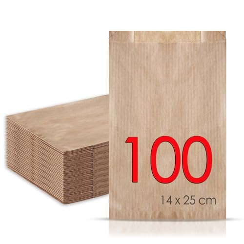 MAMAPAS 100 sacchetti di carta kraft 14 + 5 x 25 cm, sacchetti di carta per pane, piccoli sacchetti per caramelle, sacchetti per biscotti, sacchetti regalo, sacchetti per panetteria, sacchetti per il