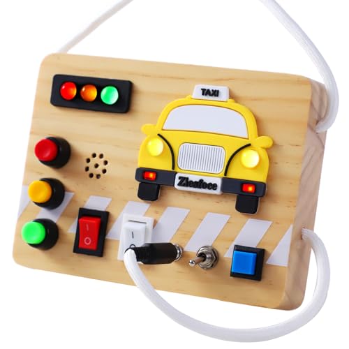 Image of Montessori Busy Board Wooden Sensory Toys with LED Light Up Switch Travel Toys for 1+ Year Old Toddler Baby Boys Girls Gifts (Taxi Busy Board)