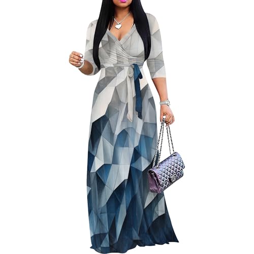 Image of PinkPatty Women's Plus Size Maxi Dresses Casual Flowy 3 /4 Sleeves Dress Printed Vacation Dress for Daily Wear with Belt