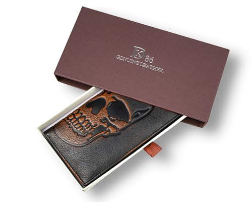 Image of DK86 Skull Long Wallet For Men Full Grain Leather with Hand Burnished Rfid Blocking Rodeo Wallet Bifold Wallet Skull Wallet
