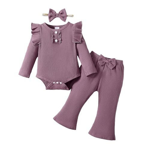 Image of YWFSHOP Baby Girl Clothes Ruffle Long Sleeve Romper and Flare Pants Set 3 Piece Girls Fall Winter Outfits
