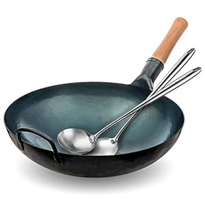 YOSUKATA Blue Carbon Steel Round Bottom Wok Pan 14″ + 17’’ Wok Spatula and Ladle – Set of 2 Heat-Resistant Wok Tools – Woks and Stir Fry Pans