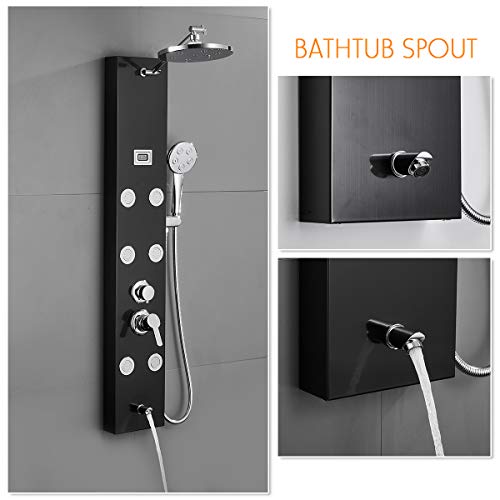 ROVATE Rainfall Shower Panel Tower Modern 304 Stainless Steel, Shower Tower with 9-inch Round Shower, 6 Body Massage jets and Tube Spout, Multi-Function Shower Column with Temperature Dispaly