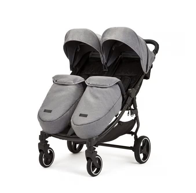 Ickle Bubba Venus Prime Doppel kinderwagen - geeignet von Geburt bis 15 kg (ca. 3 Jahre), leichter, faltbarer Zwillingskinderwagen mit Neugeborenenkokon, 2 Fußwärmern und Regenschutz (Grau)