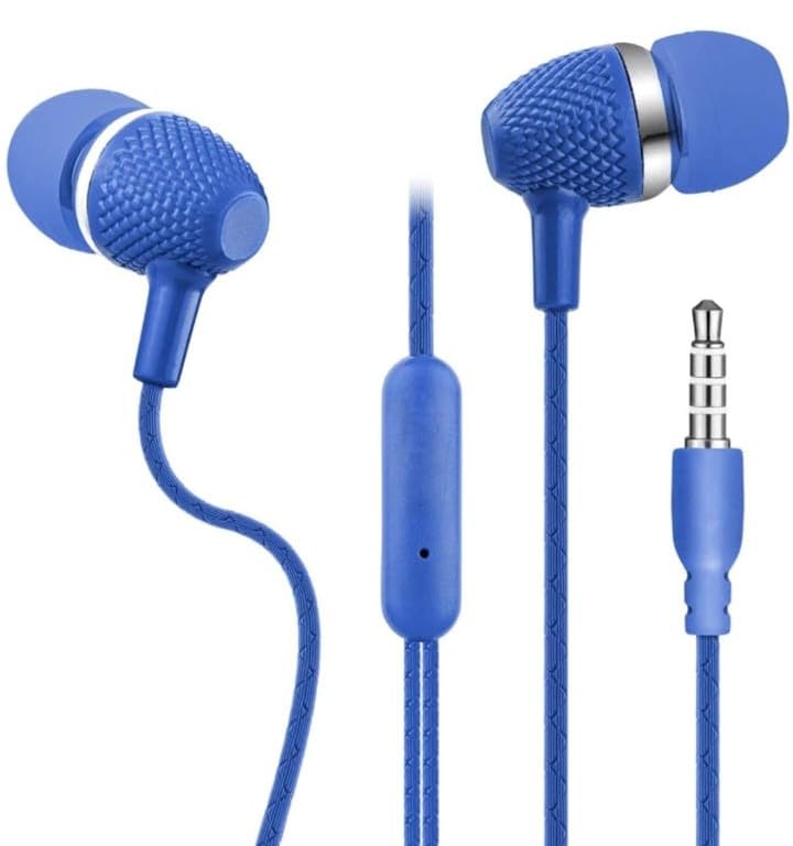 TIANI Wired in Ear Headphones with Mic, Pure Bass Sound, One Button Multi-Function Remote, Premium Finish, Angled Buds for Comfort Fit (Blue)