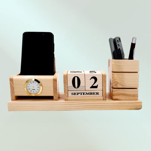 Image of WOOD HOUSE Wooden Pen Stand with Card Holder /Study Table, Pen Holder for Office Table Stylish for Office & Student Desk (Pen Stand with Calender and Mobile Holder)
