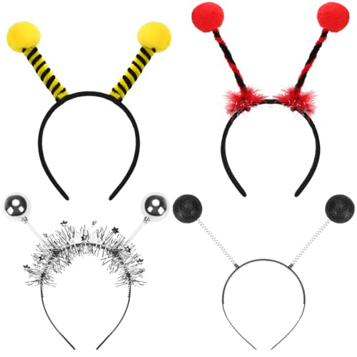 Karneval Haarreif,Biene Tentakel Stirnband,Marienkäfer Haarreif,Insekt Headwear Schwarzen Fühlern,Alien Haarband Silber mit 2 Runden Kugeln& Glitzereffekt,Haarschmuck für Party Fasching Halloween