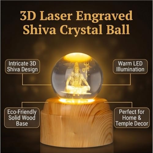 Image of 3D Crystal LED Night Lamp with Lord Shiva Engraving Wooden Base Warm Light Decorative Lamp Spiritual Home Decor Gift for Pooja Room, Bedroom Office USB Powered Crystal Ball Lamp