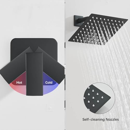 Sistema de ducha con caño para bañera, grifería de ducha negra mate con cabezal de lluvia de 8 pulgadas, set con manija simple y válvula de latón miniatura 6
