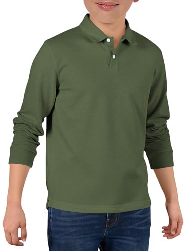 Haloumoning Boys Long Sleeve Pique Polo Shirts Kids School Uniform Shirt 5-14 Years
