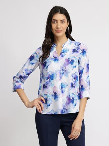 Image of FableStreet Women Shirt Work & Casual | Relaxed Fit Mandarin V-Neck Three-Quarter Sleeves Solid Pattern | Breathable Woven Fabric for Office & Everyday Wear
