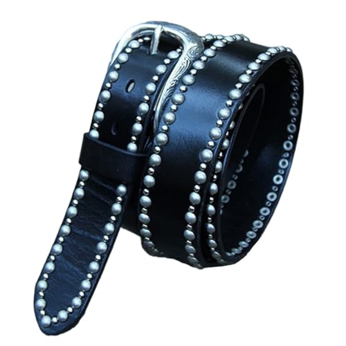 Women's Men's Studded Belt 2 Row Punk Rock Metal Round Rivet Waist Strap with Engraved Flower Buckle for All Outfits
