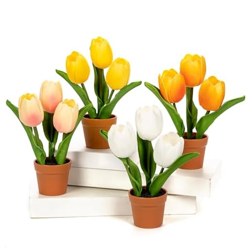 Arborus 4 STK Künstliche Tulpen im Topf 21 cm Kunst Tulpen Deko Künstliche Frühlingsblumen im Braun Topf Klein Kunstblumen Tisch Fensterbank Schreibtisch Zimmer Büro Deko