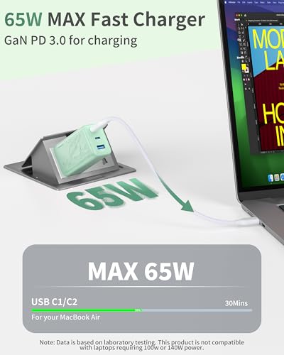 Image of 65W GaN Fast Charger Block,3-Port USB C Wall Charger,Compact Foldable Design, Compatible with iPhone 16 /15 Series,Galaxy S25 /S24 Ultra(Green)