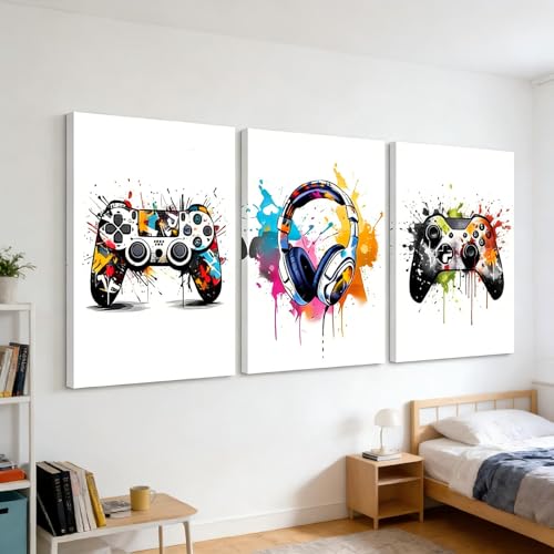 Toile murale jeu et musique splash décoration gaming salon 3 pièces 60x80cm