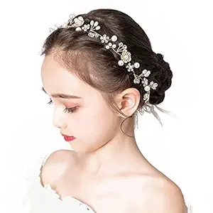 PRDGIRL Wedding Hair Accessories for Kids, Princess Headpiece White Flower Headband Pearl Hair Dress for Girl and Flower Girls Cute Bridal Wedding Hair Band