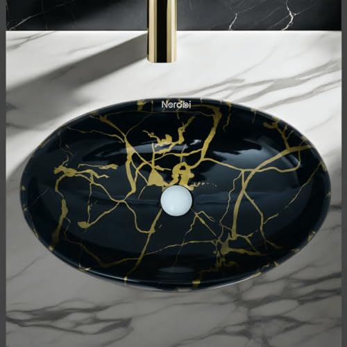 Image of Designer Counter Top Wash Basin | Tabletop Ceramic Bathroom Sink | Wash Basin Over Counter | Wash Basin For Bathroom, Living Room (24 x 15 x 6 Inch) (Black Gold Jelly)