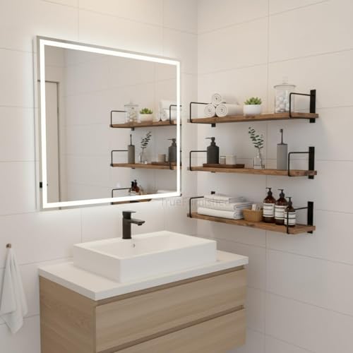 Image of Wall Mounted Bathroom Shelves Set of 3, Glossy Brown Rustic Wood Floating Shelves with Metal Brackets, Wall Storage Rack for Toiletries, Organizer, Kitchen, Bedroom, Living Room 23.5 inch