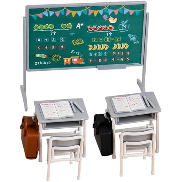 13-częściowy miniaturowy zestaw modeli biurka do klasy, szare meble szkolne do domku dla lalek z czarną tablicą, książkami, plecakami i biurkami, edukacyjny zestaw do zabawy dla chłopców i dziewcząt