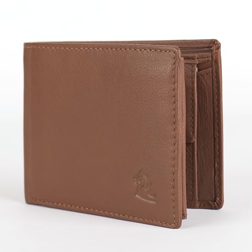 Image of KARA Tan Men's Genuine Leather Wallet - Bifold, 2 Cash Compartments, Coin Pocket, 10+ Card Slots, Hidden & Transparent Flip Sections