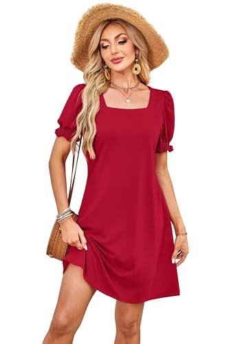 RUMIA Summer Dresses for Women 2025 Casual Cute Square Neck Puff Short Sleeve Dress with Pockets2