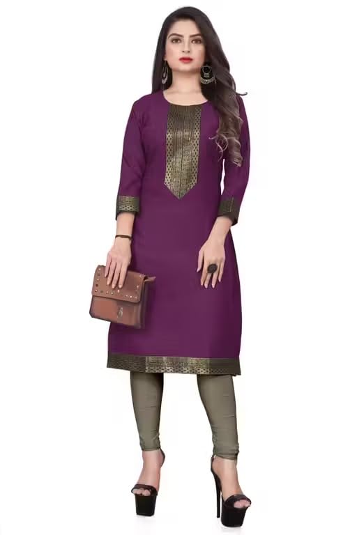 Image of Women Straight Woven Design Cotton Blend Round Neck 3 /4 Sleeve Kurti Only
