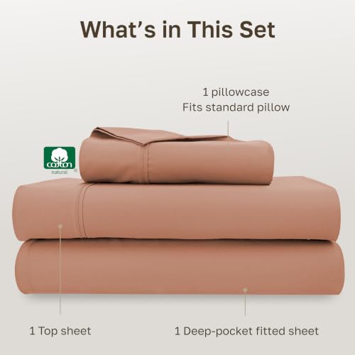 Image of California Design Den Natural 100% Cotton Sheets Twin XL Size Set - Soft 400 Thread Count Sateen, Twin XL Sheet Set, Deep Pockets with All Around Elastic for a Snug Fit, Durable Bedding - Fresh Clay