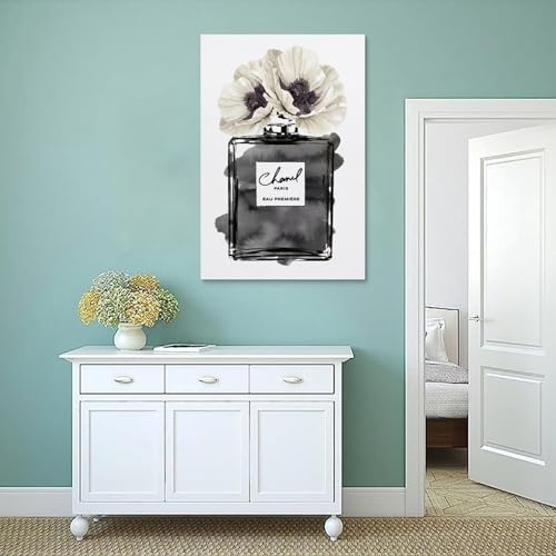 Image of BanLaArt Fashion Perfume Bottle Black With Grey & White Poppy Canvas Print Poster Decorative Painting Canvas Wall Art Picture Print Modern Family Bedroom Decor 12x18inch(30x45cm)