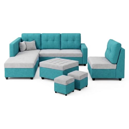 Image of FURNY Nathan 8 Seater L Shape Sofa Set LHS (Sky Blue-Light Grey) | Suede Velvet Finish | Durable Comfort Sofa for Modern Living Room & Office Spaces