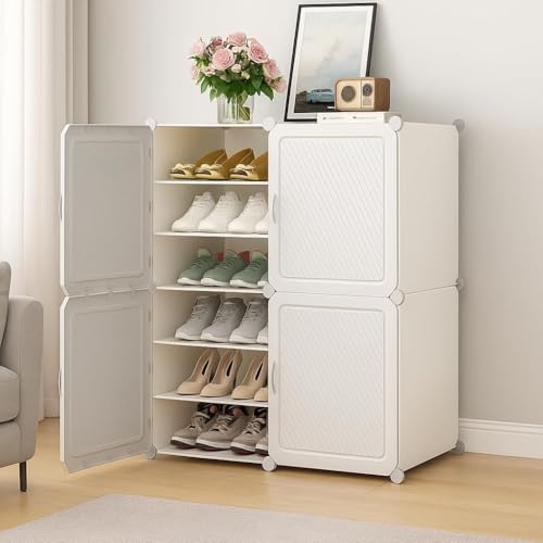 Image of Sunderlook Shoe Rack Plastic for Home- Slipper Stand, Professional Shoe Stand, Chappal Stand, Multipurpose Foldable Standing Comfort Runner Shoe Rack with Door (White, 12 Shelf 4 Door)