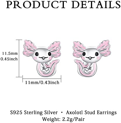 Axolotl Earring 925 Sterling Silver Cute Animal Earrings Hypoallergenic Pink Axolotl Stud Earrings Axolotl Jewellery Gifts for Women Teen Girls