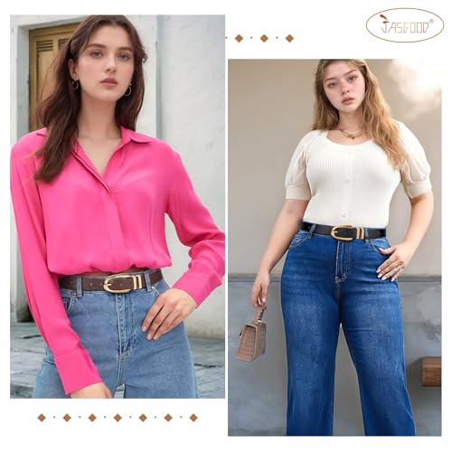 JASGOOD Plus Size Women Leather Belt Black Casual Waist Belt for Jeans Pants with Gold/Silver Buckle 2 Pack4