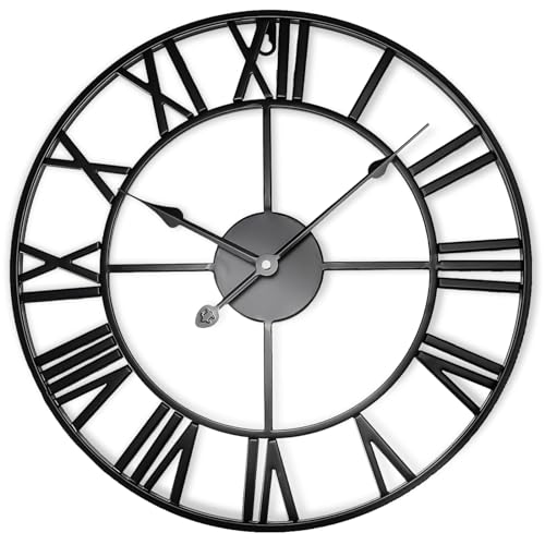 BLADO Large Wall Clock for Living Room & Kitchen - Elegant Black Roman Numerals Clock for Indoor & Outdoor, Vintage Style for Bedroom and Garden