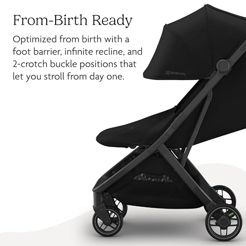 Image of UPPAbaby Minu V3 Travel Stroller - Lightweight + Compact Design - One-Hand Fold + Unfold - from Birth + Overhead Compatible - James (Black /Carbon Frame /Black Leather)