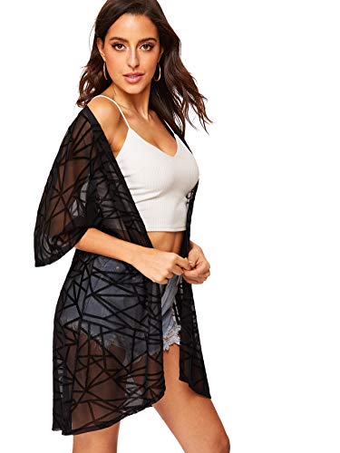 Floerns Women's Half Sleeve Open Front Geo Print Sheer Cardigan Kimono Coverup A Black M #TOP3
