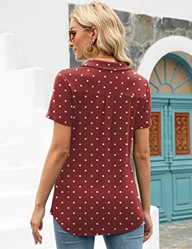Collared Shirts For Women Short Sleeve Golf Polo Shirt Business Casual Tunic Blouse Office Clothes Wine Polka Dot L #TOP3